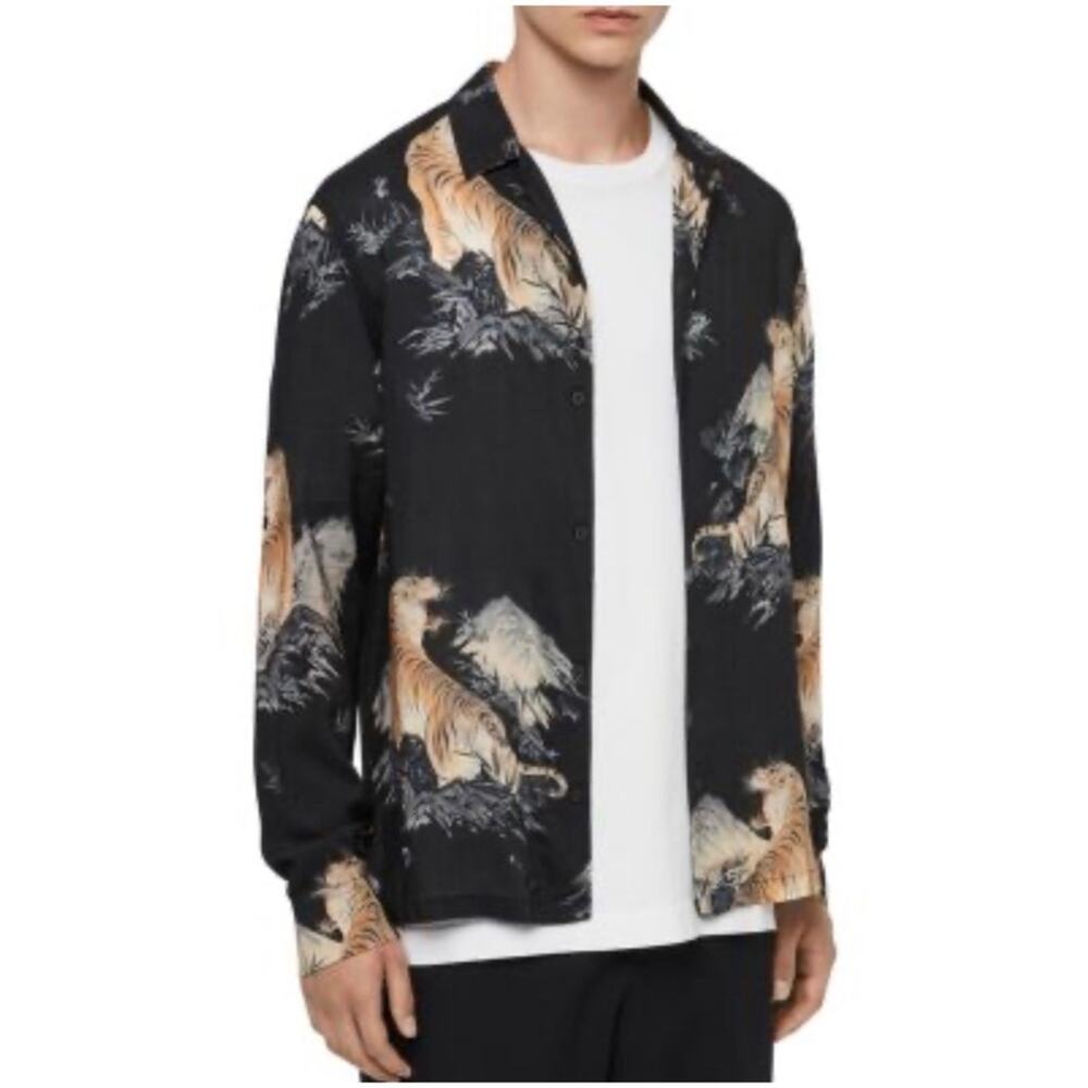 All Saints Men’s Sz S Black Tiger Print Shirt Kayan Button Front Slim Fit